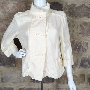 COLDWATER Creek Woman size PM 100% Linen‎ Cream 3/4 sleeve jacket Double Button